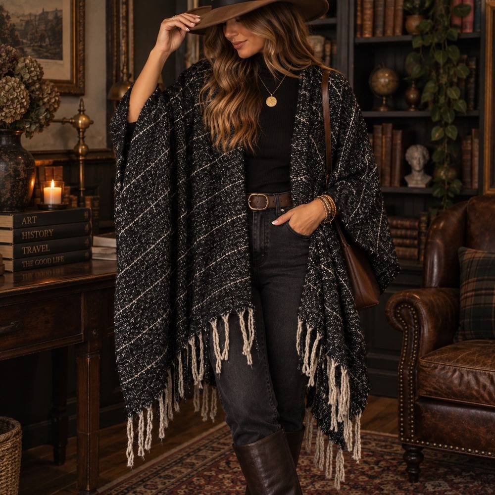 Woolrich Green Label Poncho Wrap Black Metallic Plaid Fringe One Size NWT